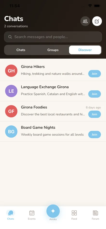 Chats y conversaciones de grupo en la app